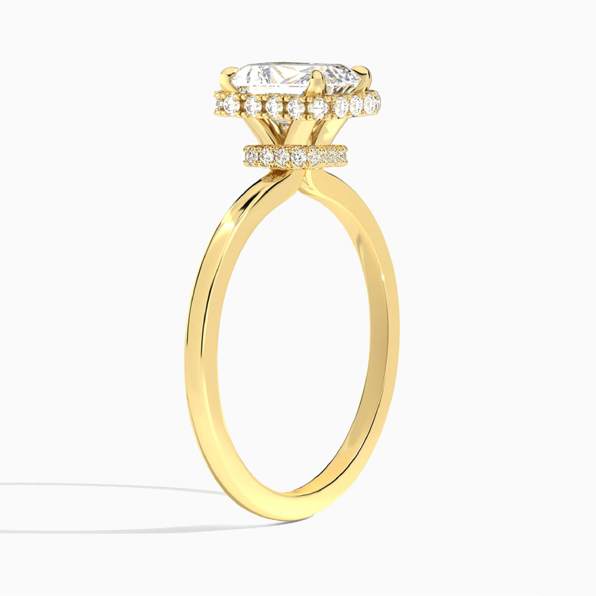 Radiant Double Hidden Halo Lab Diamond Engagement Ring In 18K Yellow Gold, Angle View