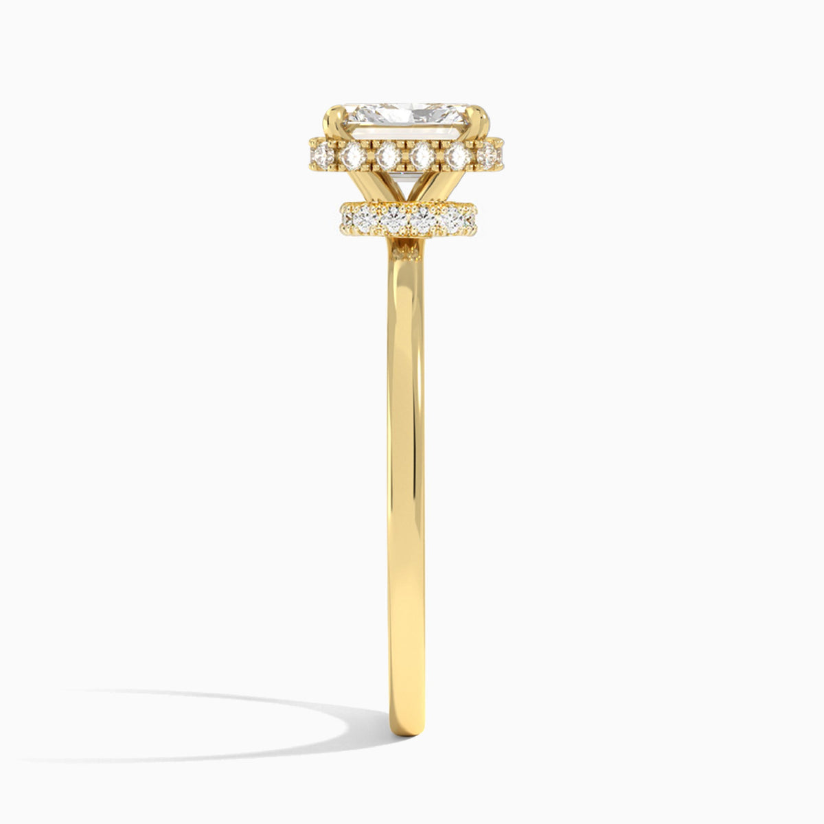 Radiant Double Hidden Halo Lab Diamond Engagement Ring In 18K Yellow Gold, Side View