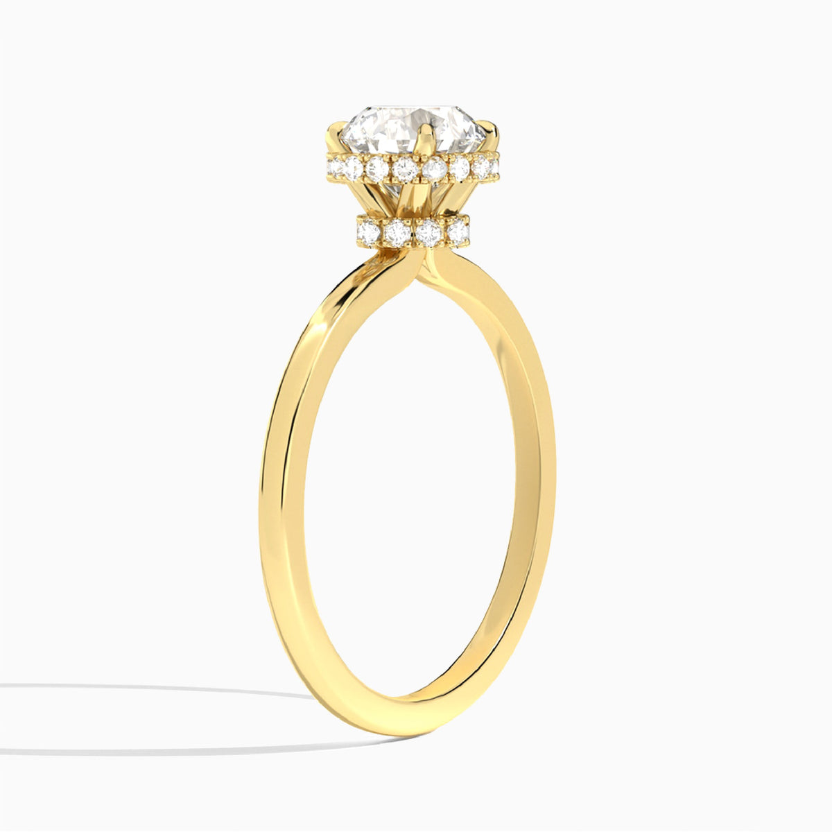 Round Double Hidden Halo Lab Diamond Engagement Ring In 18K Yellow Gold, Angle View