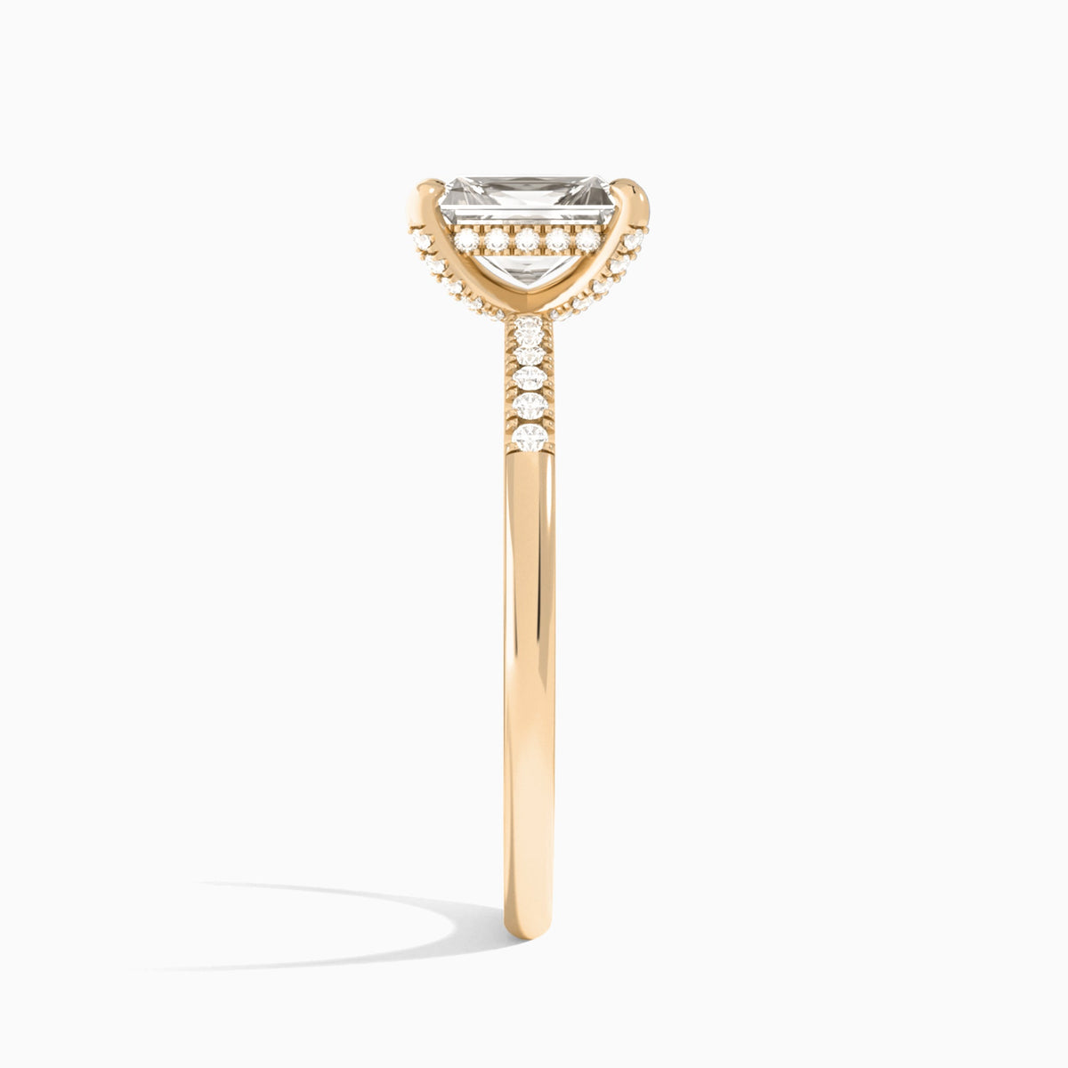 Radiant Petite Pavé Valentina Lab Diamond Engagement Ring In 14K Rose Gold, Side View