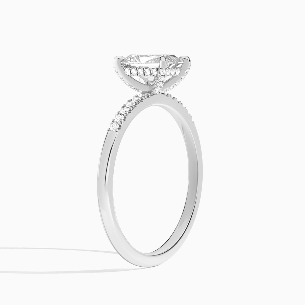 Radiant Petite Pavé Valentina Lab Diamond Engagement Ring In 18K White Gold, Angle View