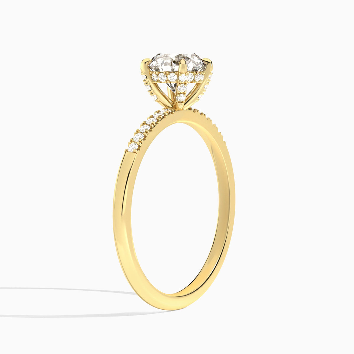 Round Petite Pavé Valentina Lab Diamond Engagement Ring In 18K Yellow Gold, Angle View