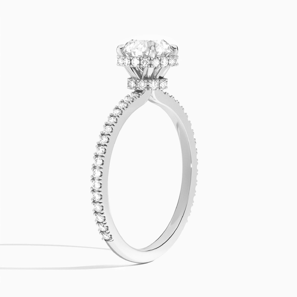 Round Maia Pavé Lab Grown Diamond Engagement Ring In 14K White Gold, Angle View