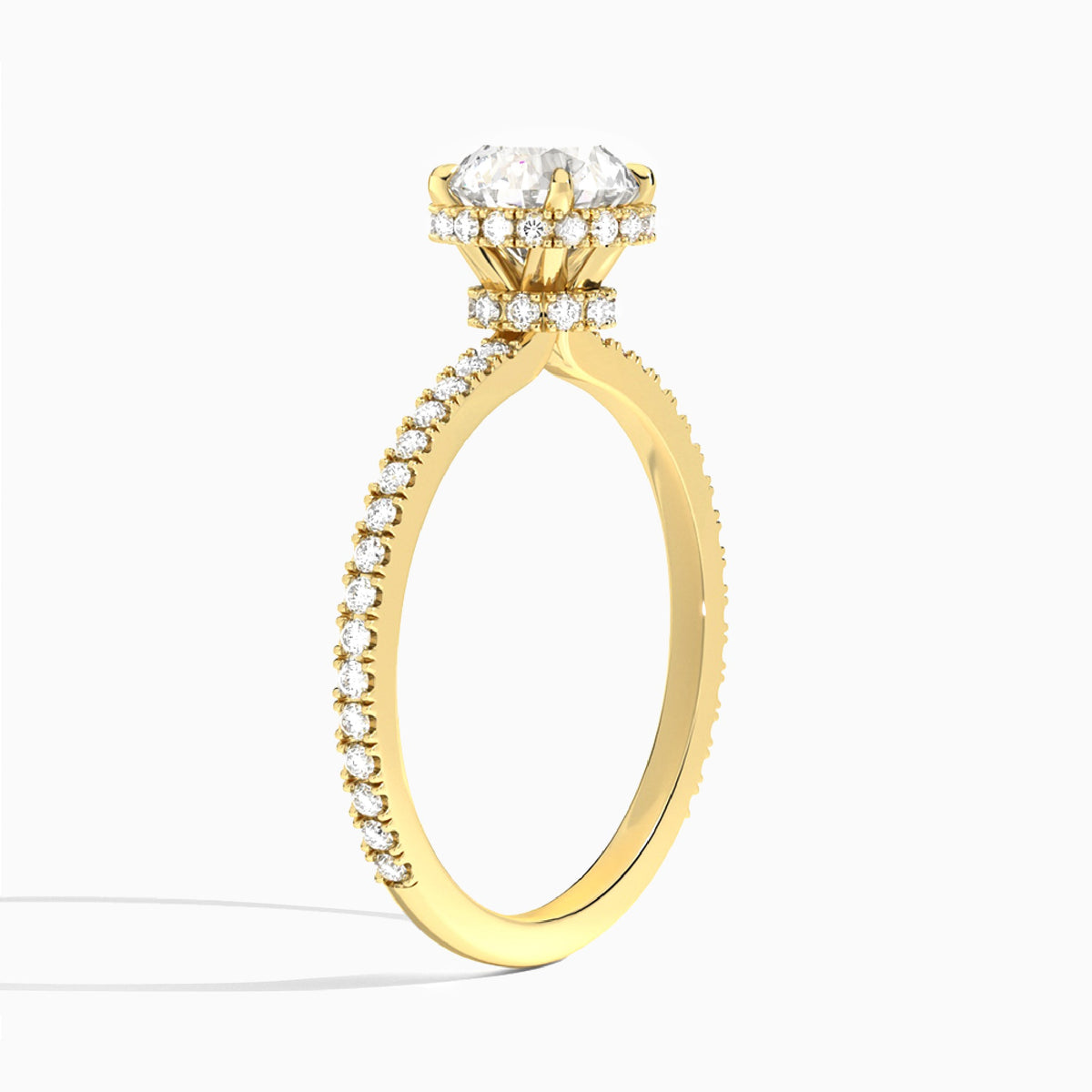 Round Maia Pavé Lab Grown Diamond Engagement Ring In 18K Yellow Gold, Angle View
