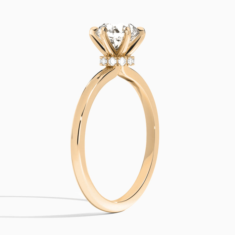 Round Hidden Halo Six-Prong Lab Diamond Engagement Ring In 14K Rose Gold, Angle View