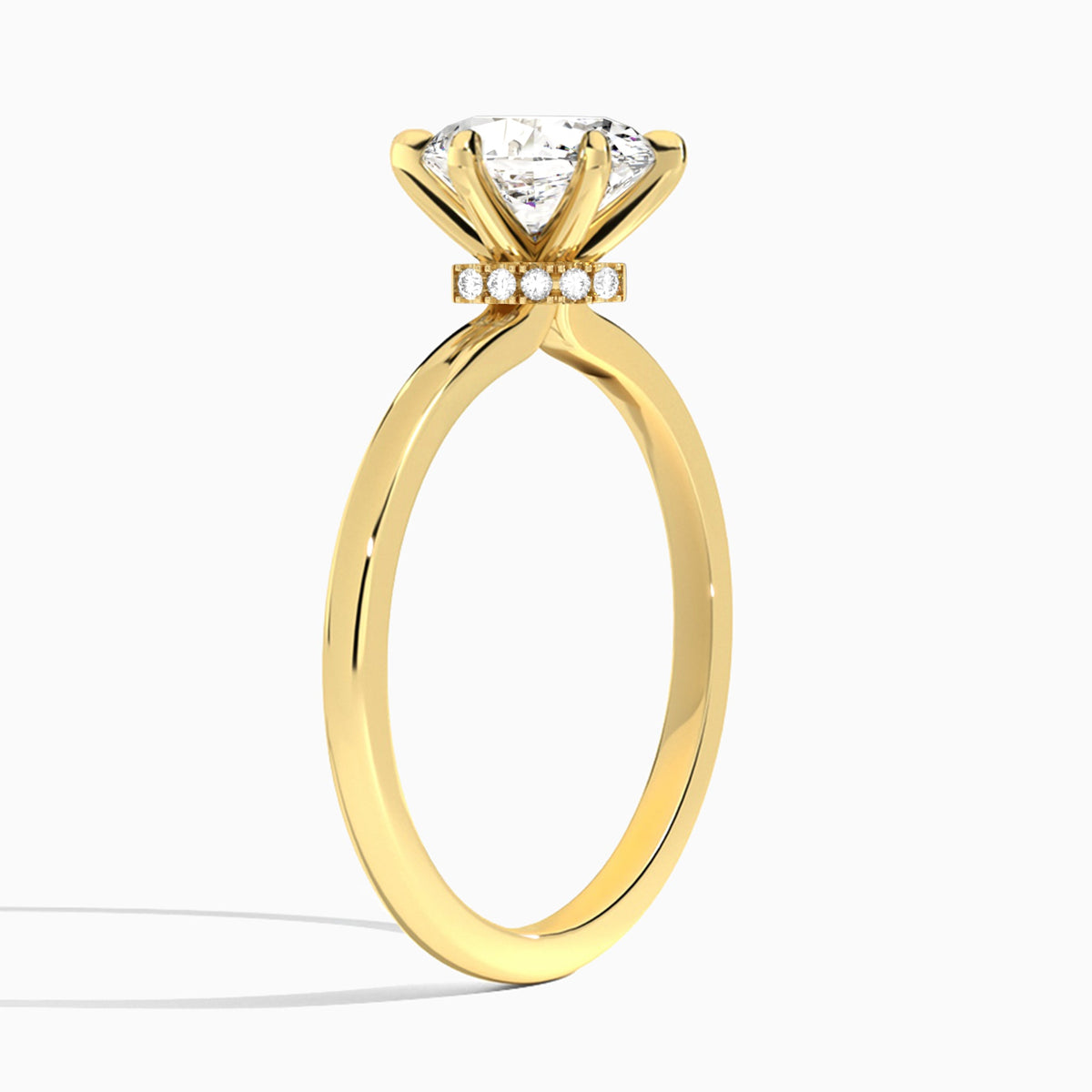 Oval Hidden Halo Six-Prong Lab Diamond Engagement Ring In 14K Yellow Gold, Angle View