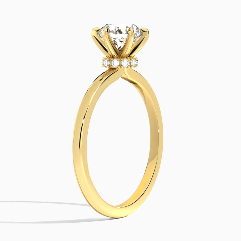 Round Hidden Halo Six-Prong Lab Diamond Engagement Ring In 18K Yellow Gold, Angle View