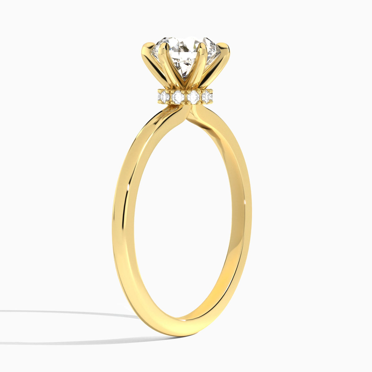 Round Hidden Halo Six-Prong Lab Diamond Engagement Ring In 18K Yellow Gold, Angle View