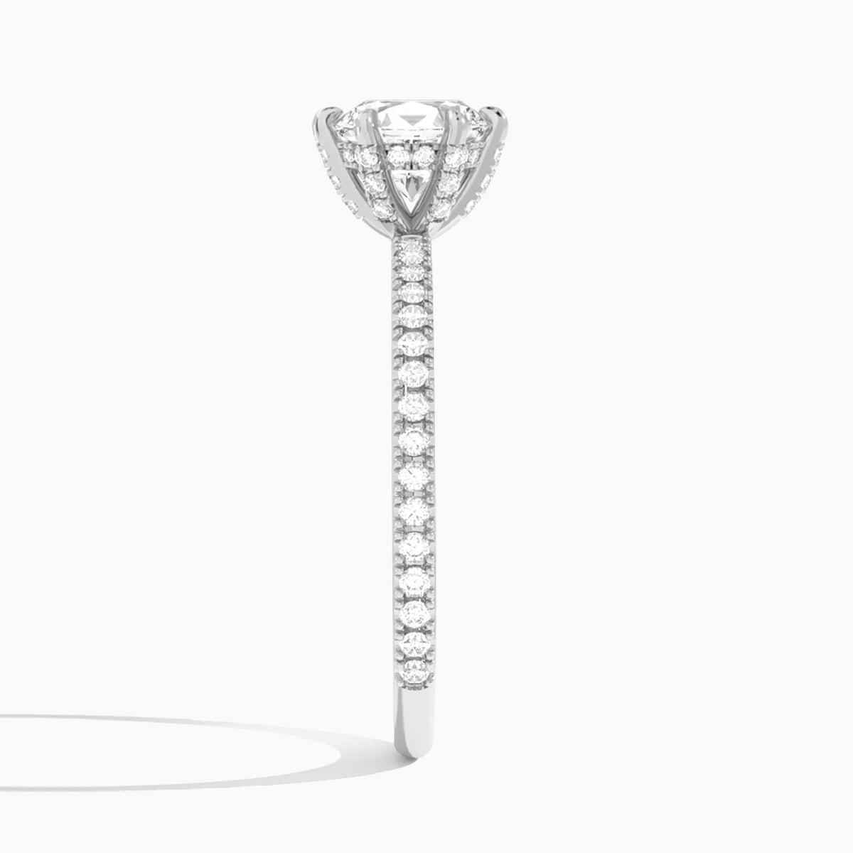 Oval Luxe Six-Prong Pavé Lab Diamond Engagement Ring In 18K White Gold, Side View