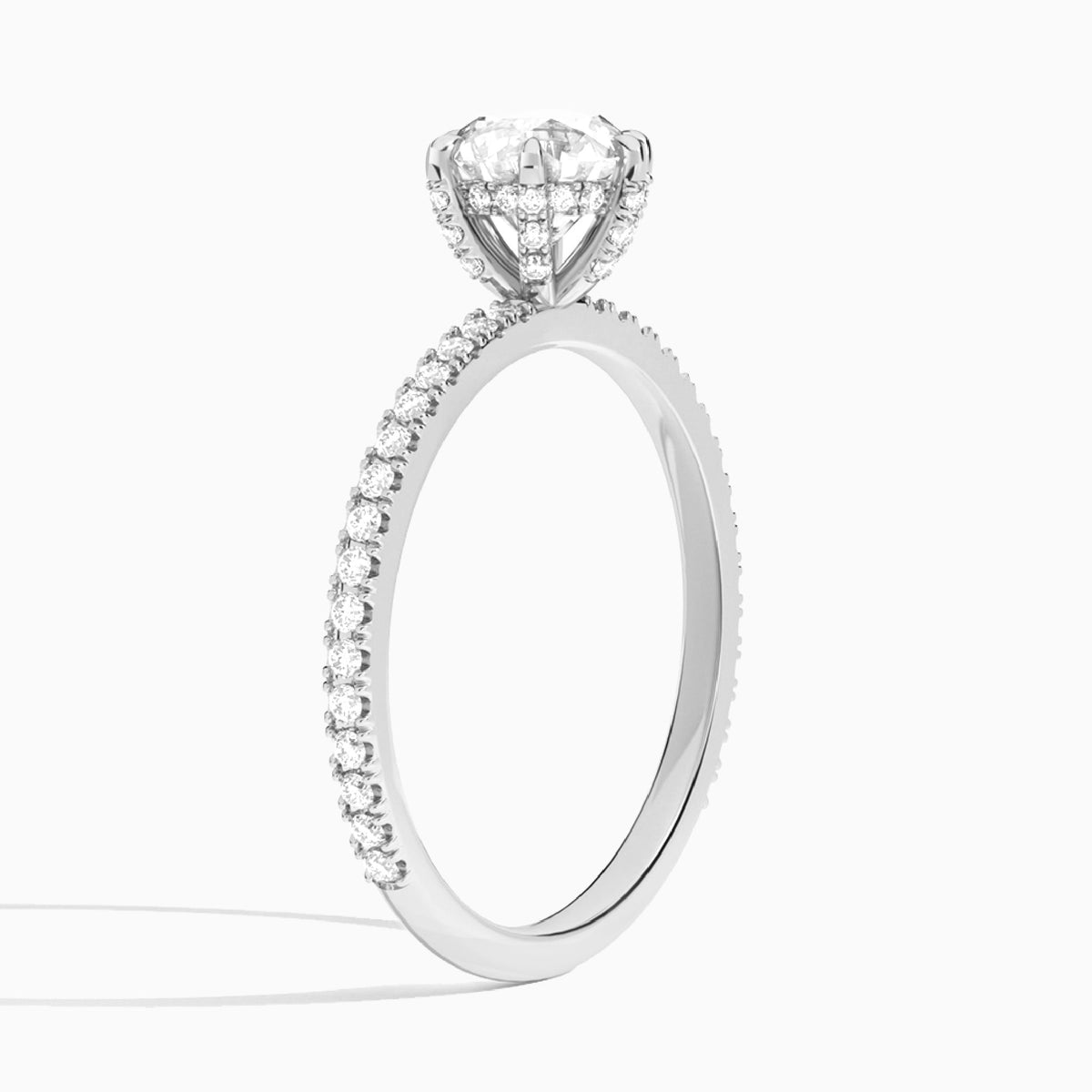Round Luxe Six-Prong Pavé Lab Diamond Engagement Ring In 14K White Gold, Angle View
