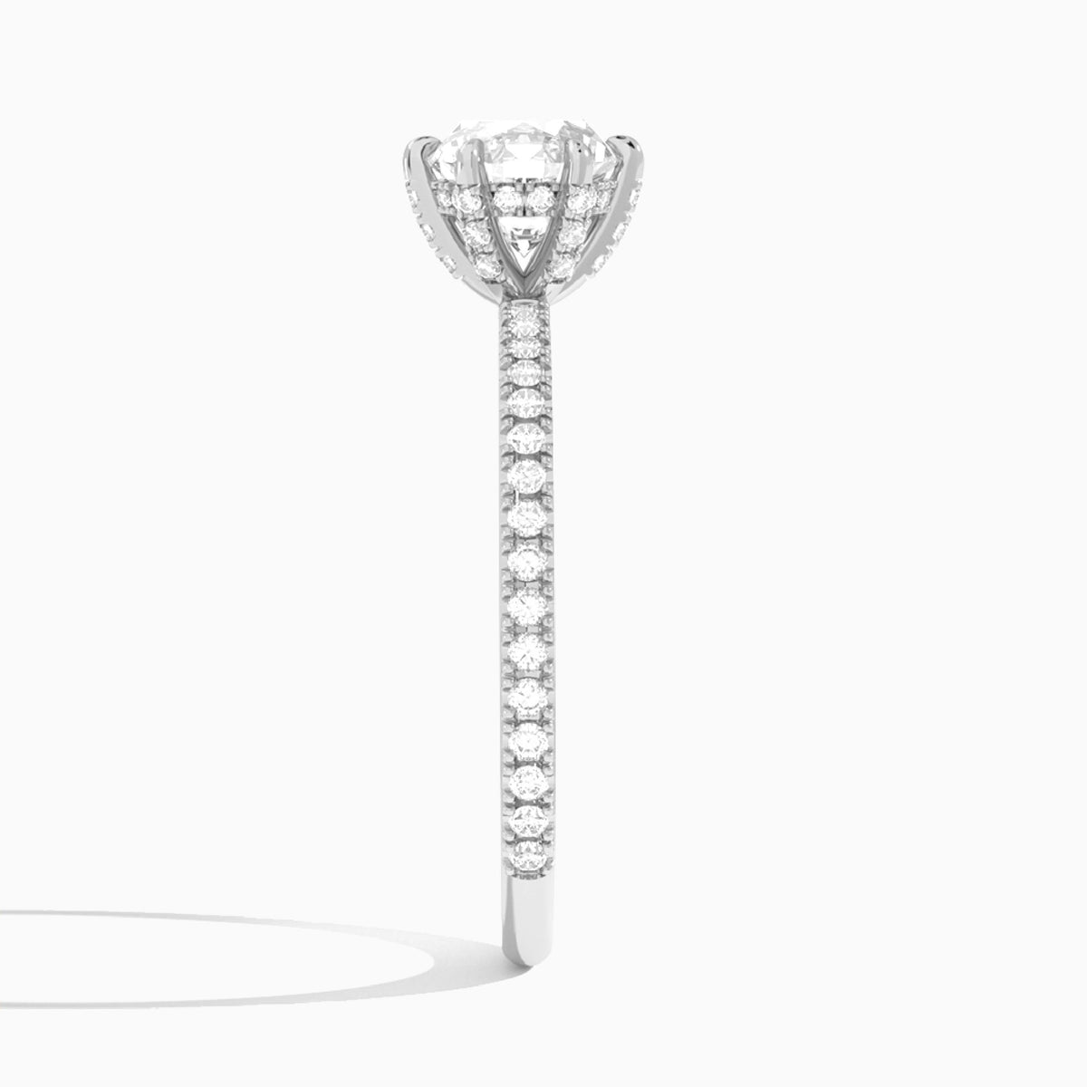 Round Luxe Six-Prong Pavé Lab Diamond Engagement Ring In 18K White Gold, Side View