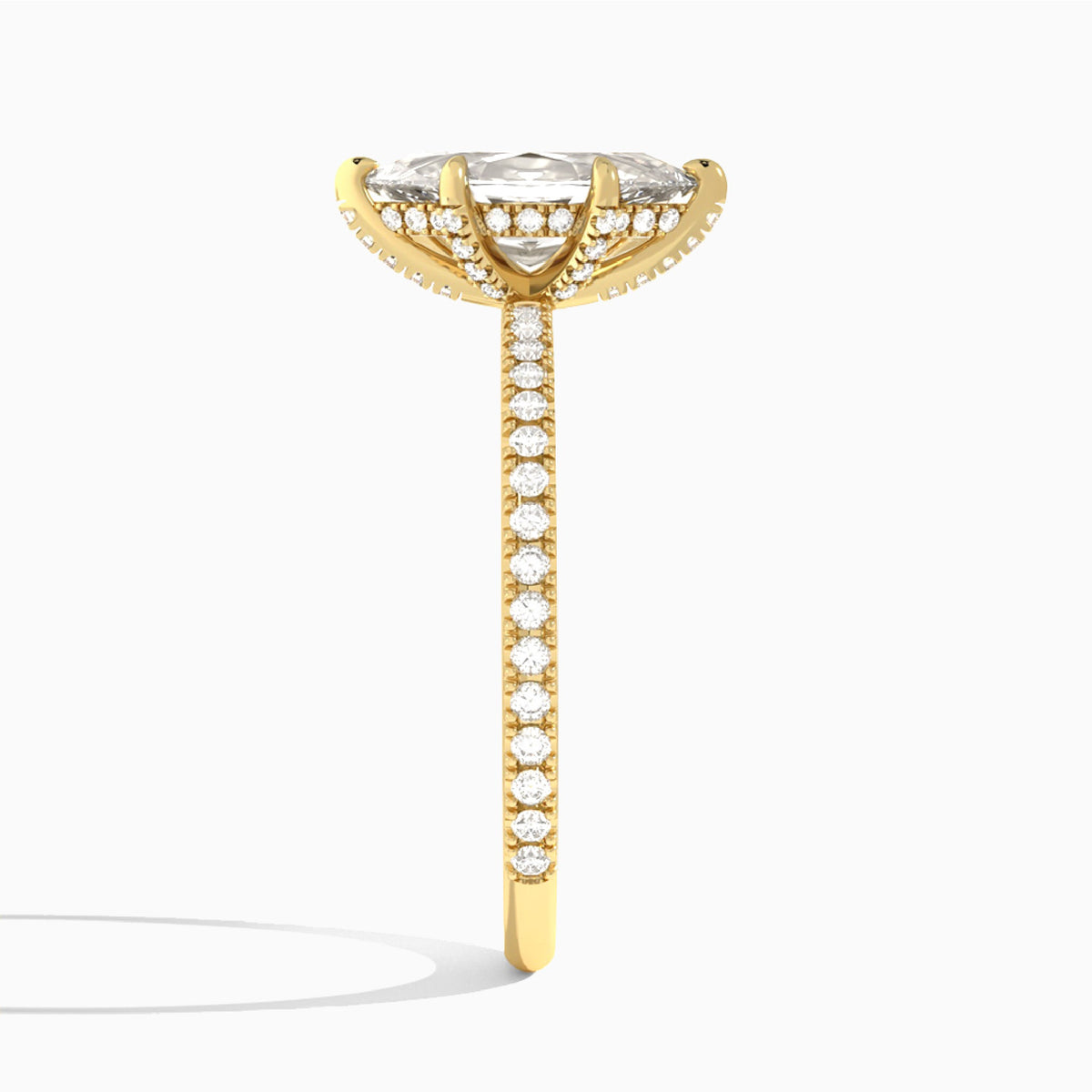 Marquise Luxe Six-Prong Pavé Lab Diamond Engagement Ring In 18K Yellow Gold, Side View