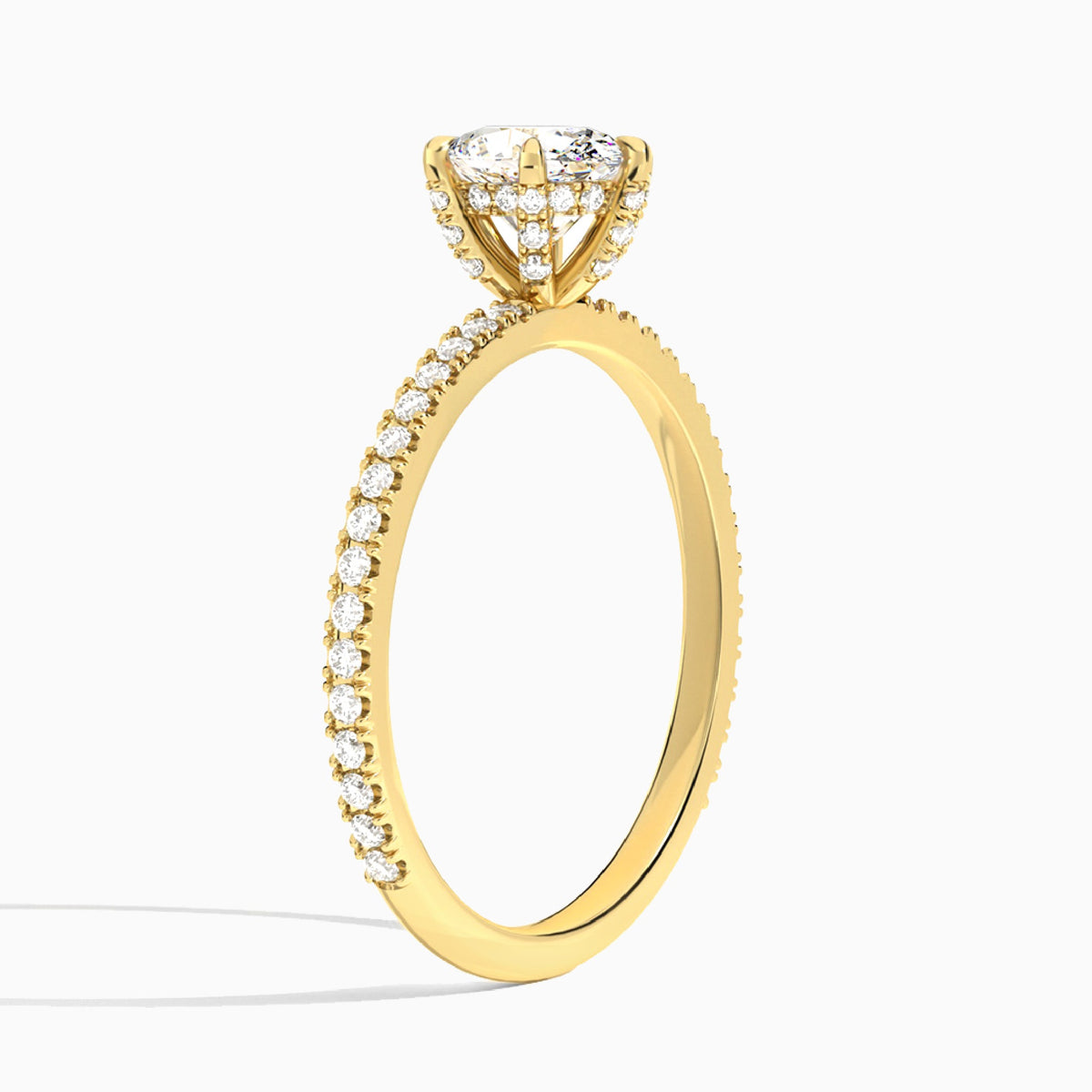 Oval Luxe Six-Prong Pavé Lab Diamond Engagement Ring In 18K Yellow Gold, Angle View