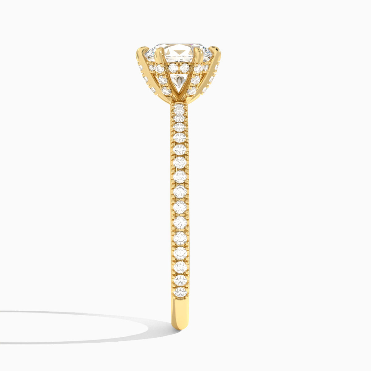 Oval Luxe Six-Prong Pavé Lab Diamond Engagement Ring In 18K Yellow Gold, Side View