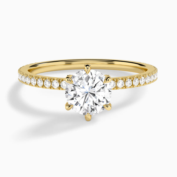 Round Luxe Six-Prong Pavé Lab Diamond Engagement Ring In 14K Yellow Gold - Lucenjuri