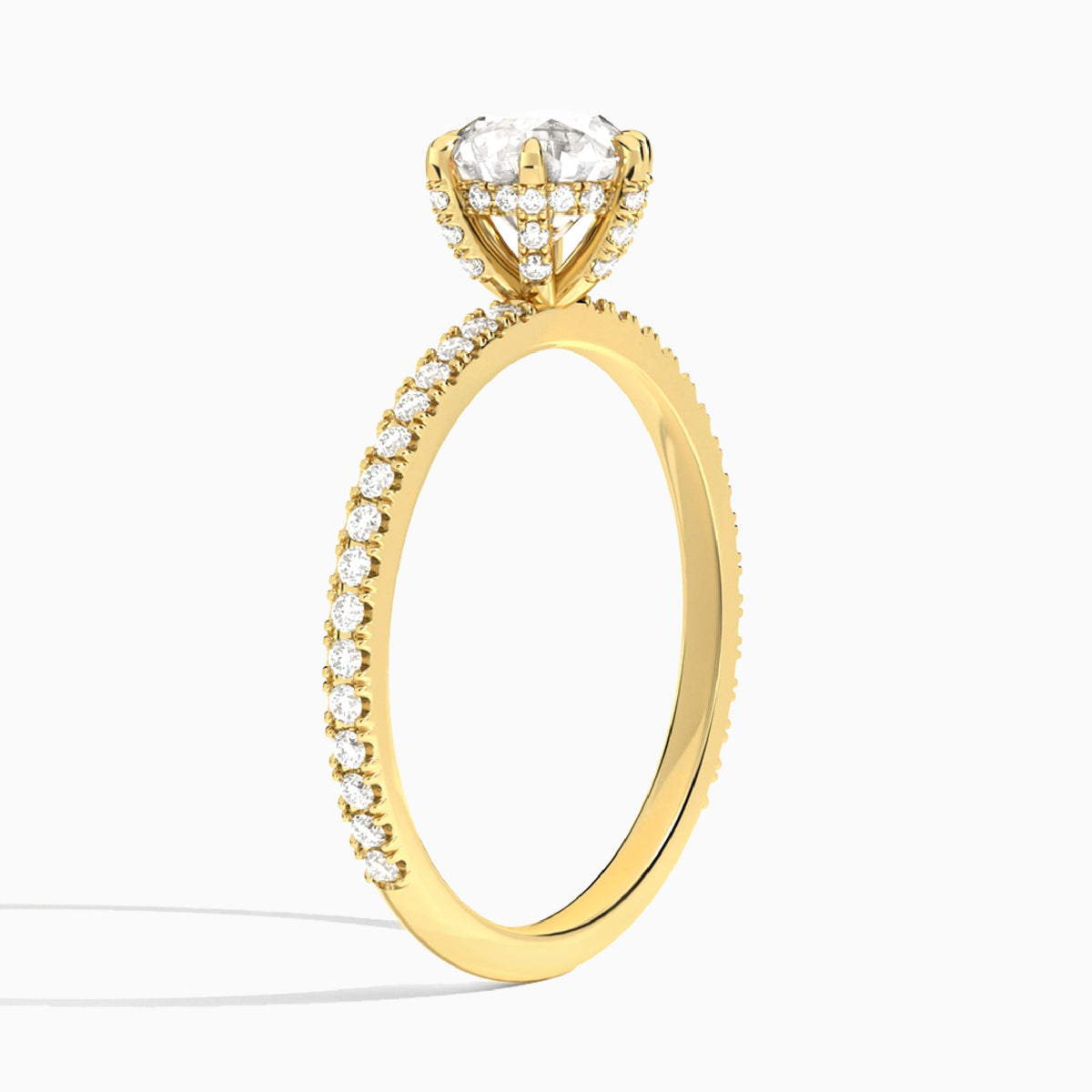Round Luxe Six-Prong Pavé Lab Diamond Engagement Ring In 18K Yellow Gold, Angle View