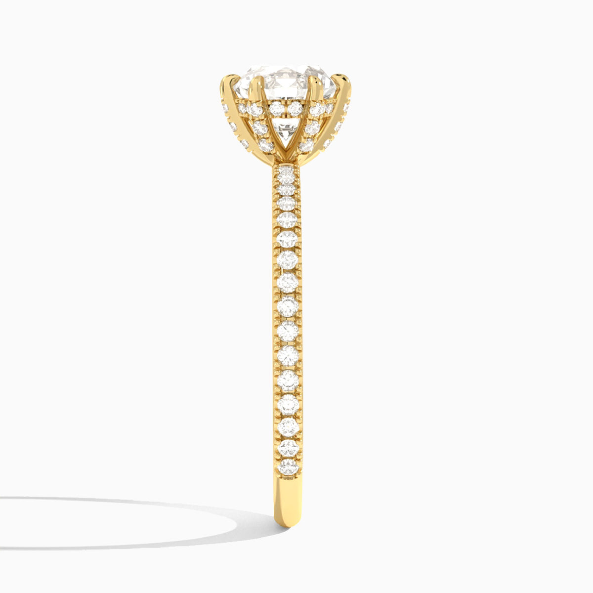 Round Luxe Six-Prong Pavé Lab Diamond Engagement Ring In 18K Yellow Gold, Side View