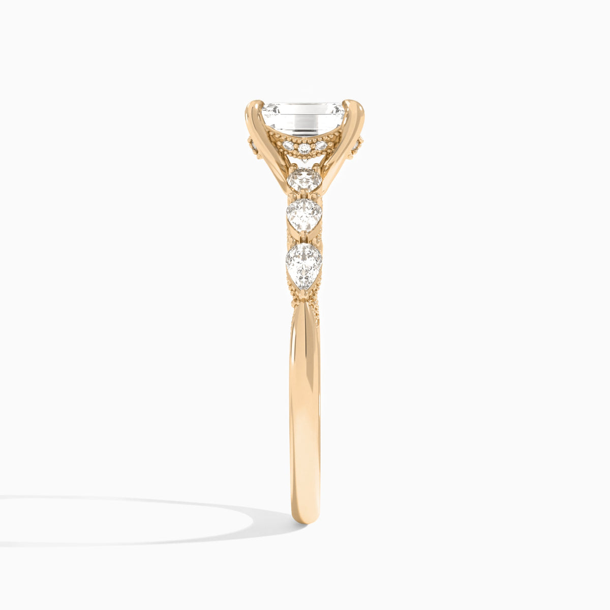 Emerald Crescent Pear Lab Diamond Engagement Ring In 14K Rose Gold, Side View