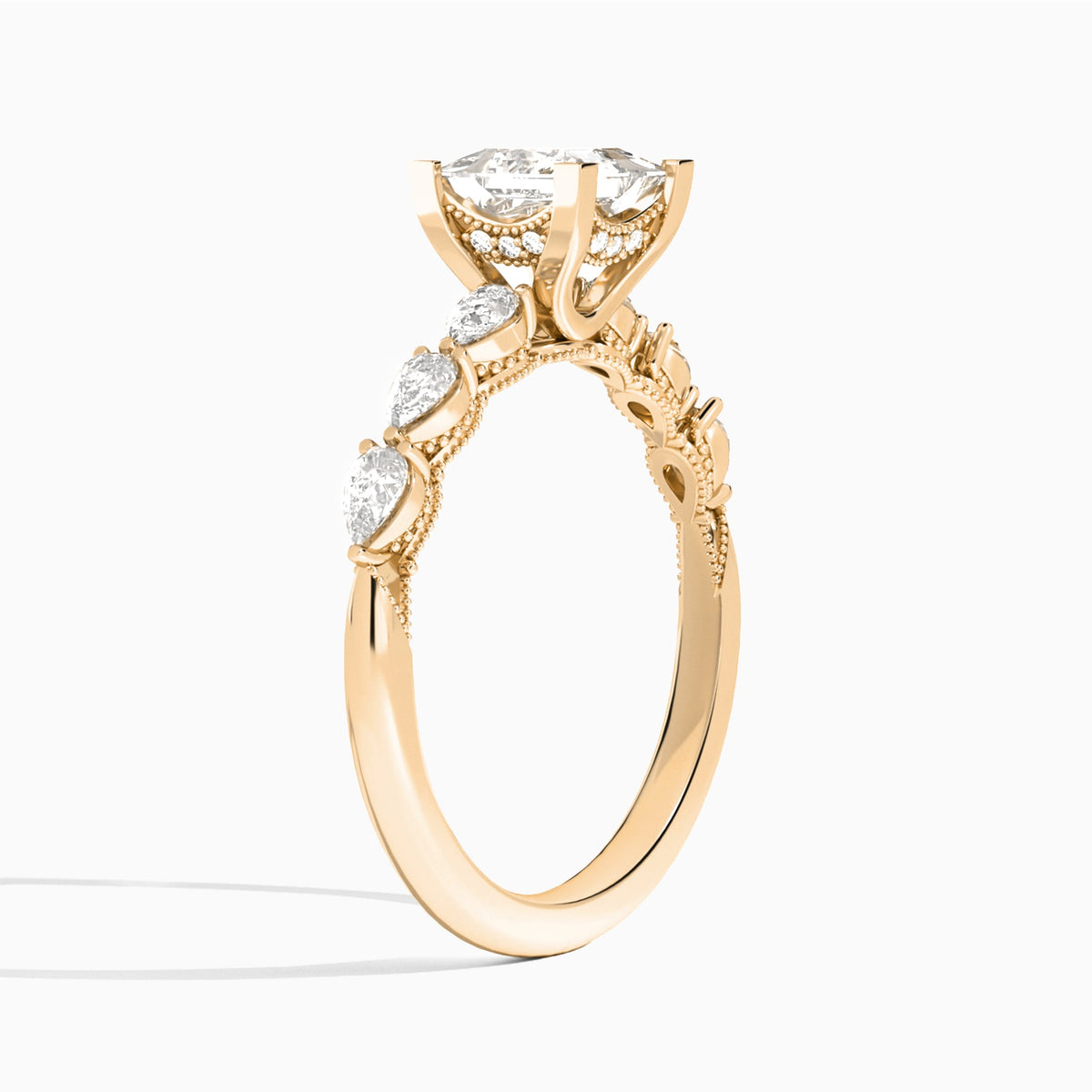 Princess Crescent Pear Lab Diamond Engagement Ring In 14K Rose Gold, Angle View