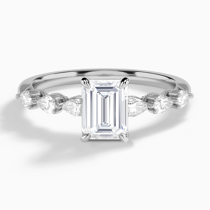 Emerald Crescent Pear Lab Diamond Engagement Ring In 18K White Gold - Lucenjuri