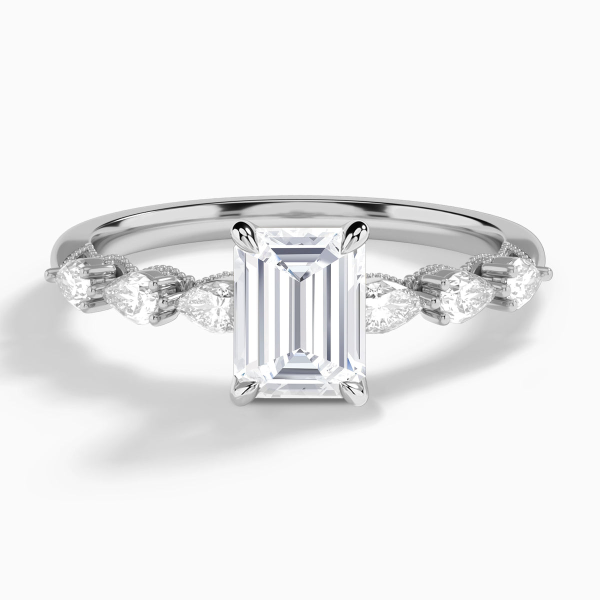 Emerald Crescent Pear Lab Diamond Engagement Ring In 18K White Gold - Lucenjuri