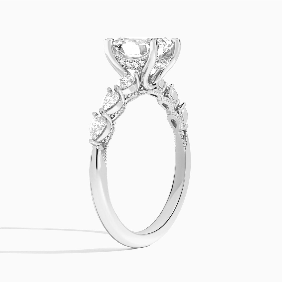 Emerald Crescent Pear Lab Diamond Engagement Ring In 14K White Gold, Angle View