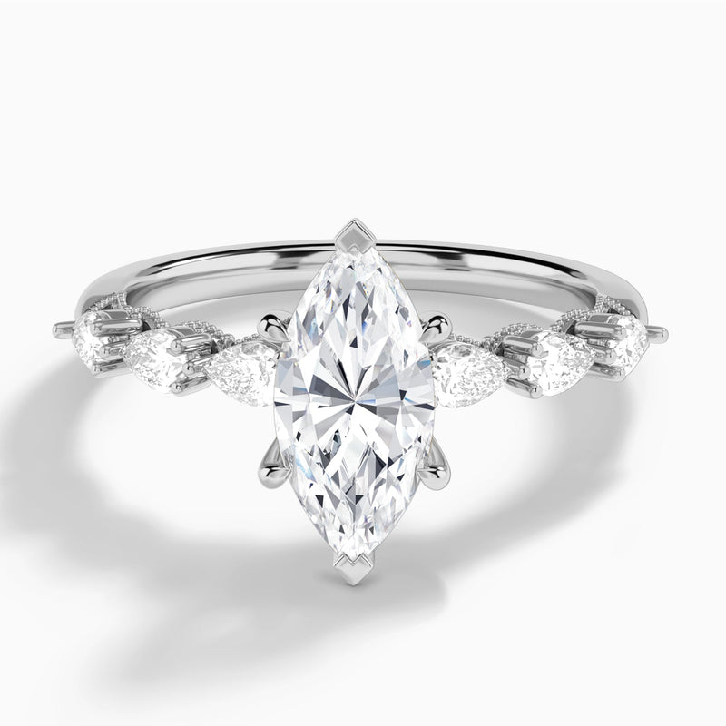 Marquise Crescent Pear Lab Diamond Engagement Ring In 14K White Gold - Lucenjuri