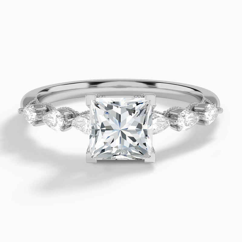 Princess Crescent Pear Lab Diamond Engagement Ring In 14K White Gold - Lucenjuri