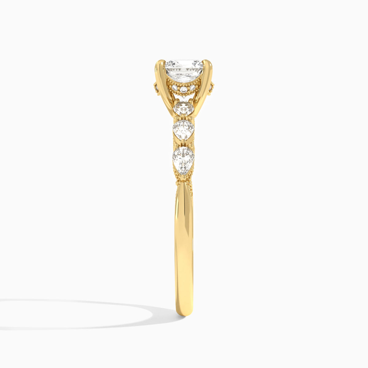 Cushion Crescent Pear Lab Diamond Engagement Ring In 14K Yellow Gold, Side View