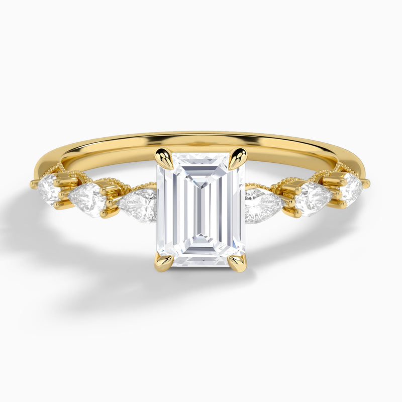 Emerald Crescent Pear Lab Diamond Engagement Ring In 14K Yellow Gold - Lucenjuri
