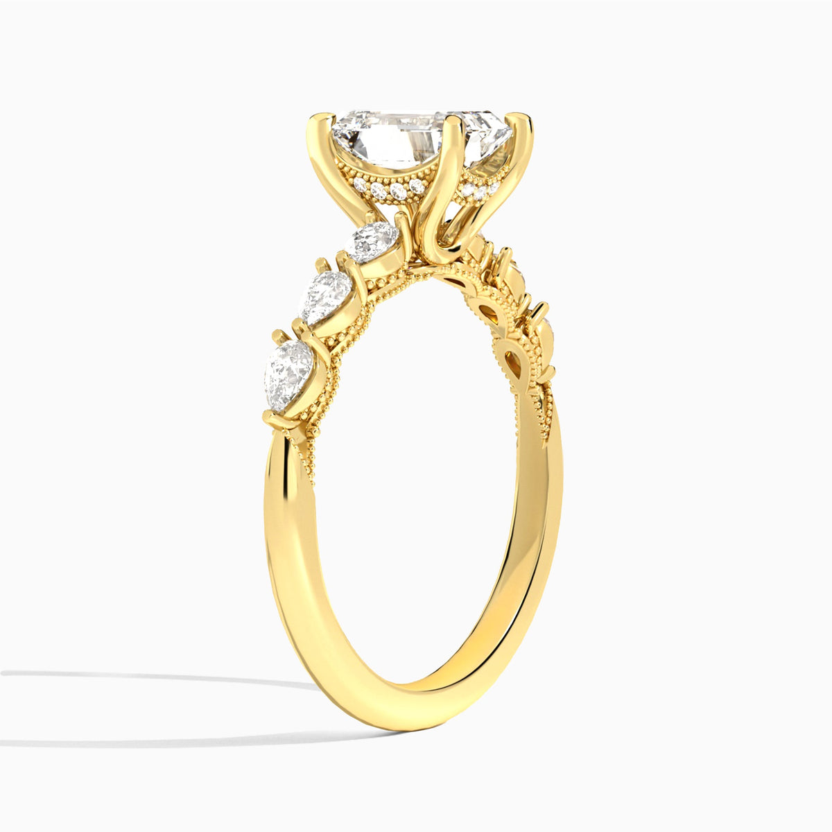Emerald Crescent Pear Lab Diamond Engagement Ring In 14K Yellow Gold, Angle View