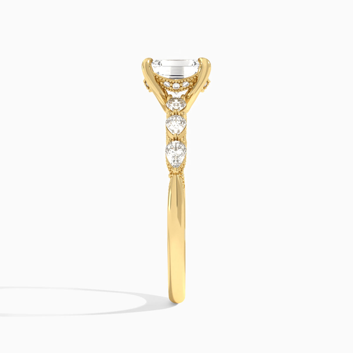 Emerald Crescent Pear Lab Diamond Engagement Ring In 14K Yellow Gold, Side View