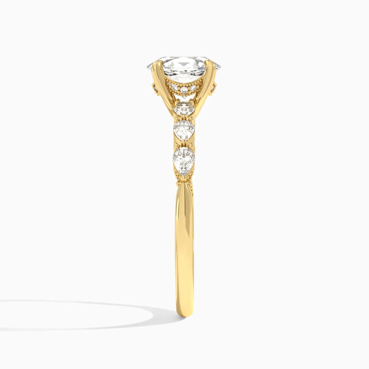 Oval Crescent Pear Lab Diamond Engagement Ring In 14K Yellow Gold, Side View