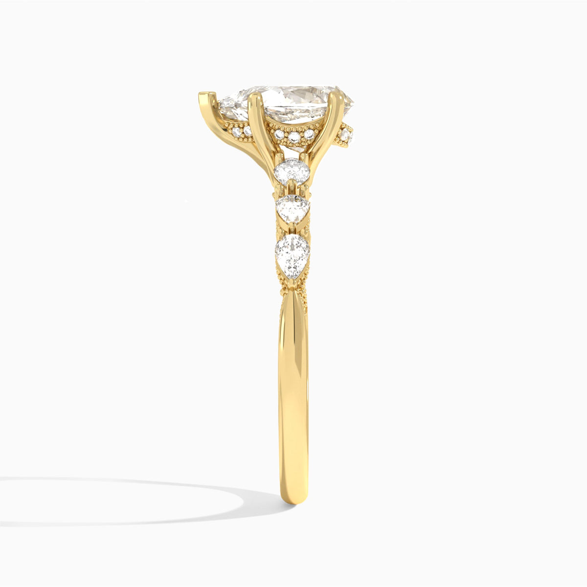 Pear Crescent Pear Lab Diamond Engagement Ring In 18K Yellow Gold, Side View