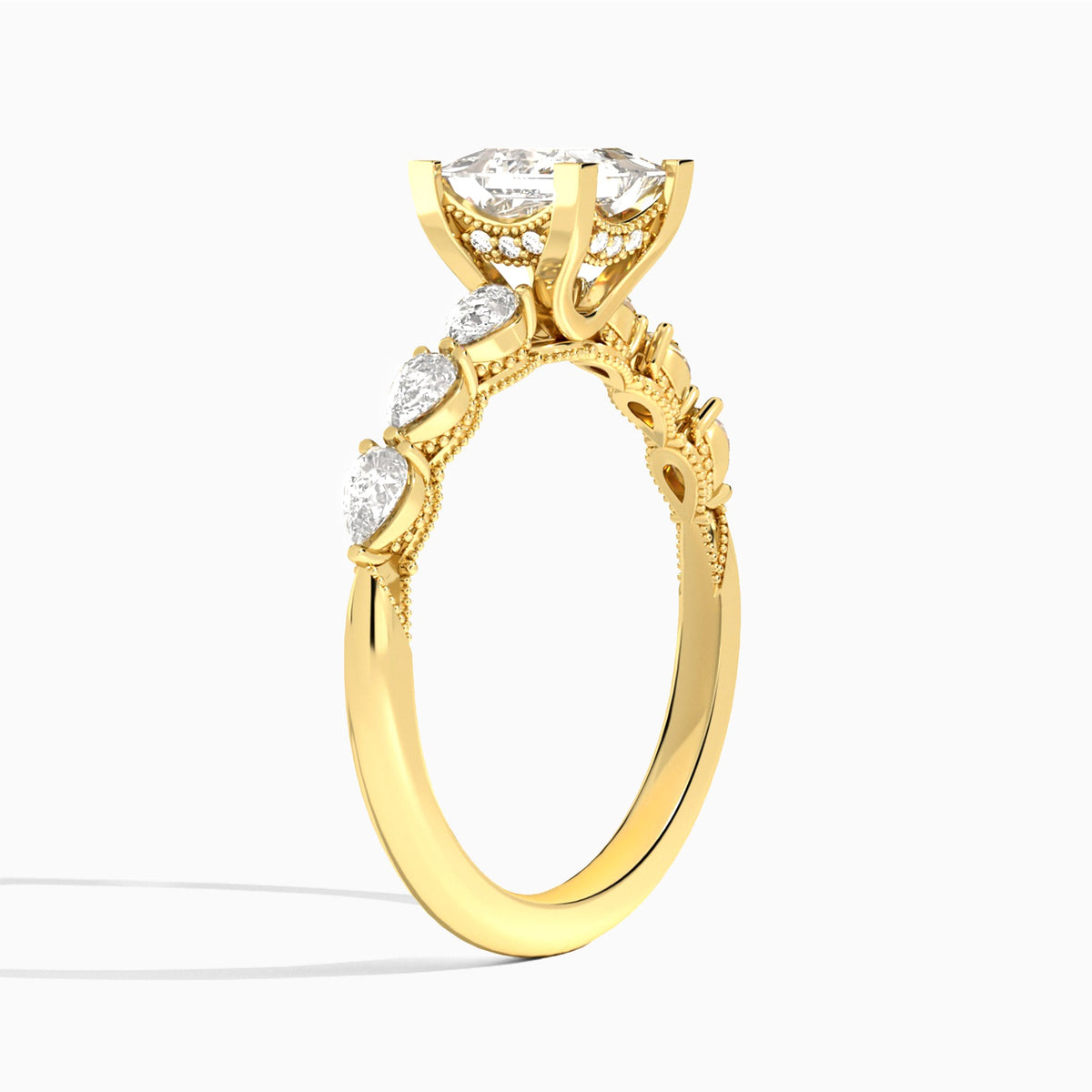 Princess Crescent Pear Lab Diamond Engagement Ring In 18K Yellow Gold, Angle View