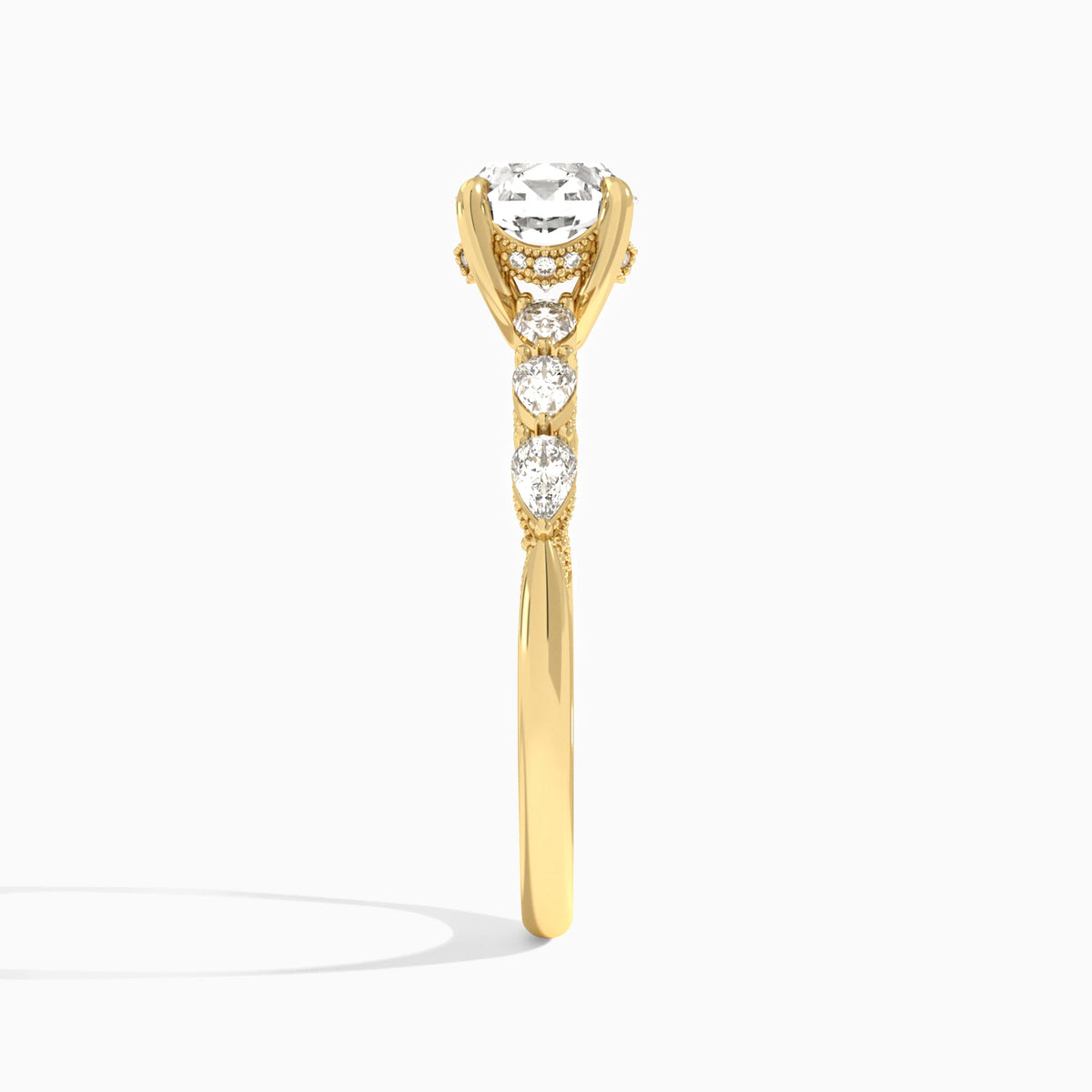 Round Crescent Pear Lab Diamond Engagement Ring In 18K Yellow Gold, Side View