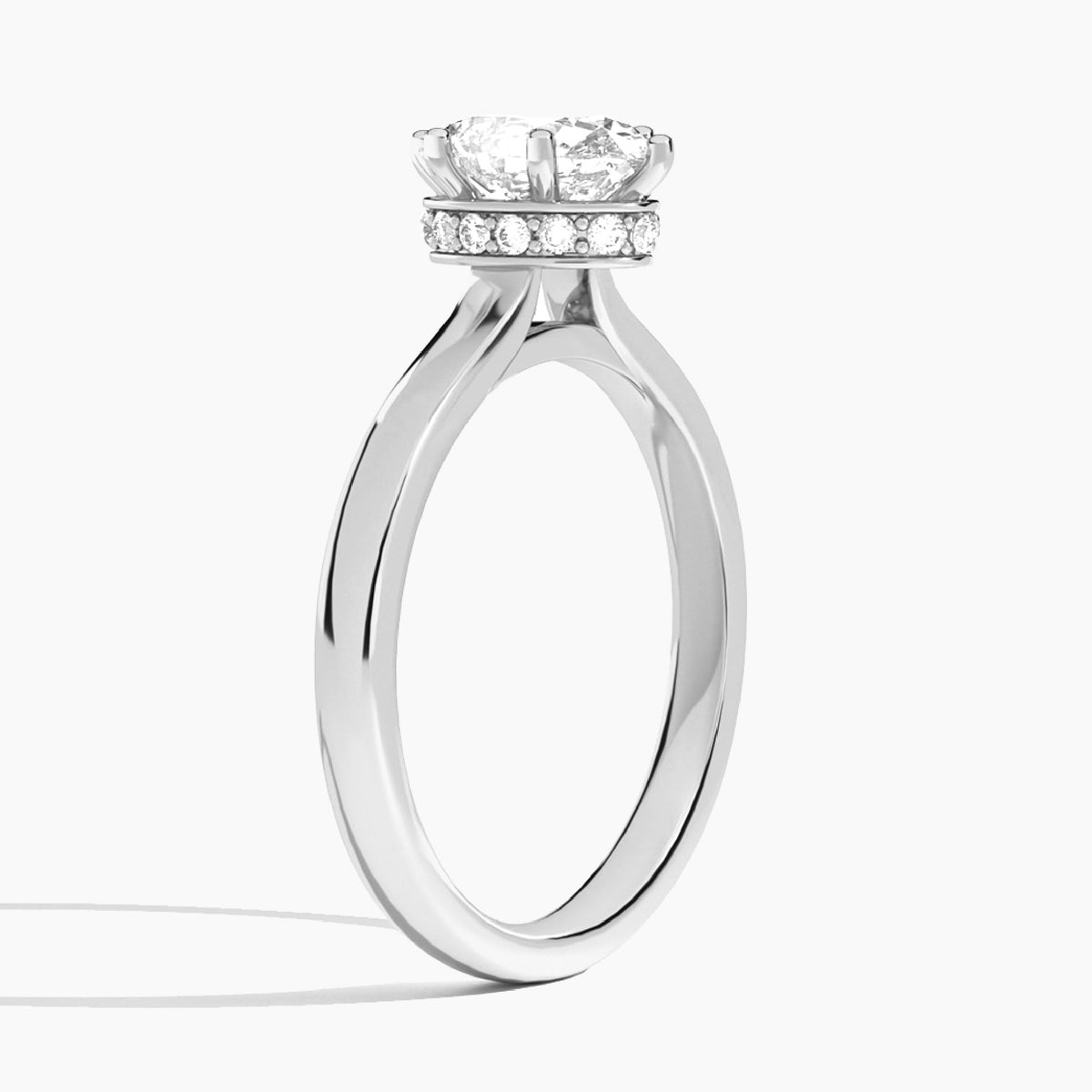 Oval Six-Prong Hidden Halo Lab Diamond Engagement Ring In 18K White Gold, Angle View