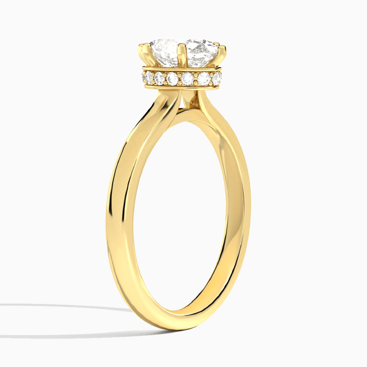 Oval Six-Prong Hidden Halo Lab Diamond Engagement Ring In 14K Yellow Gold, Angle View