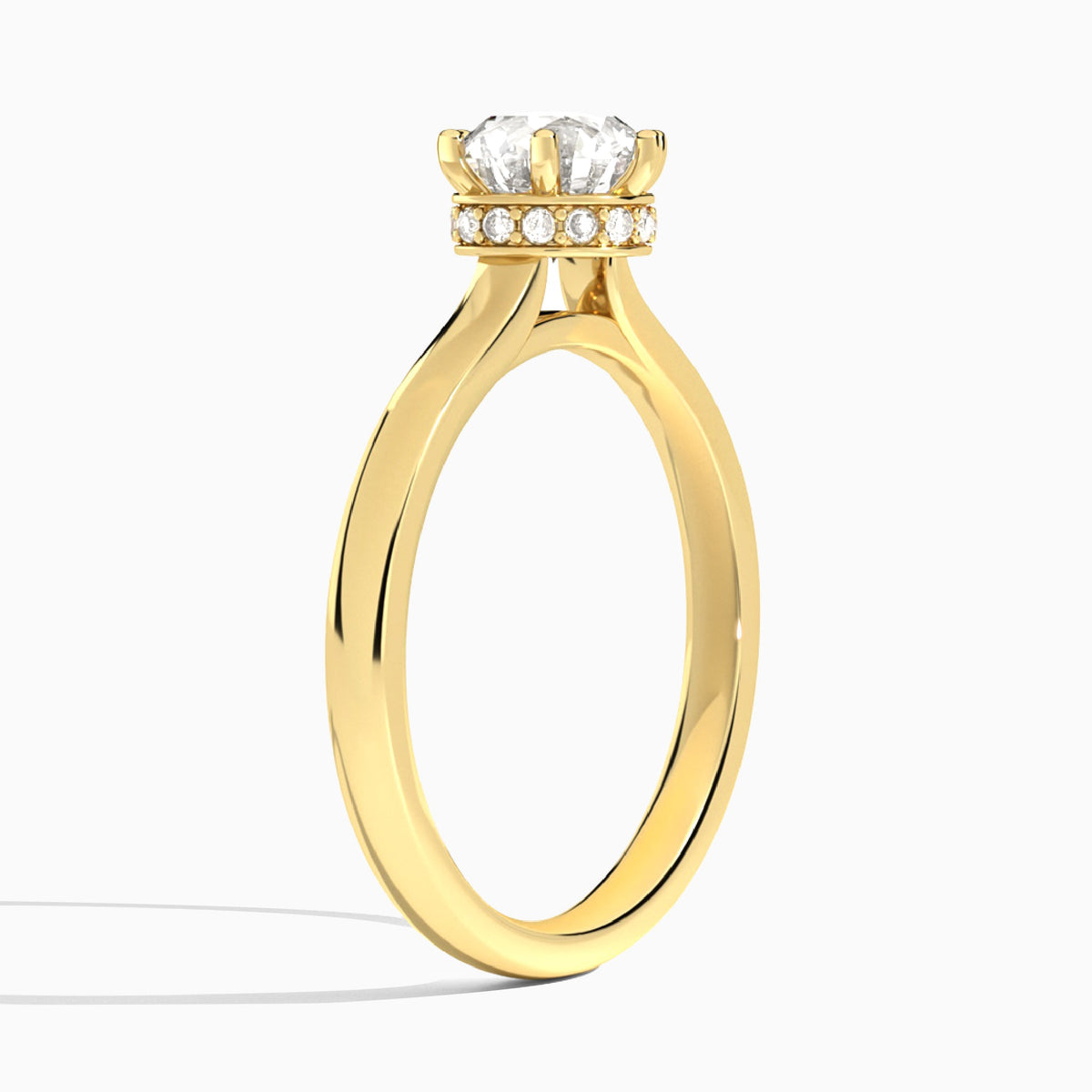 Round Six-Prong Hidden Halo Lab Diamond Engagement Ring In 18K Yellow Gold, Angle View