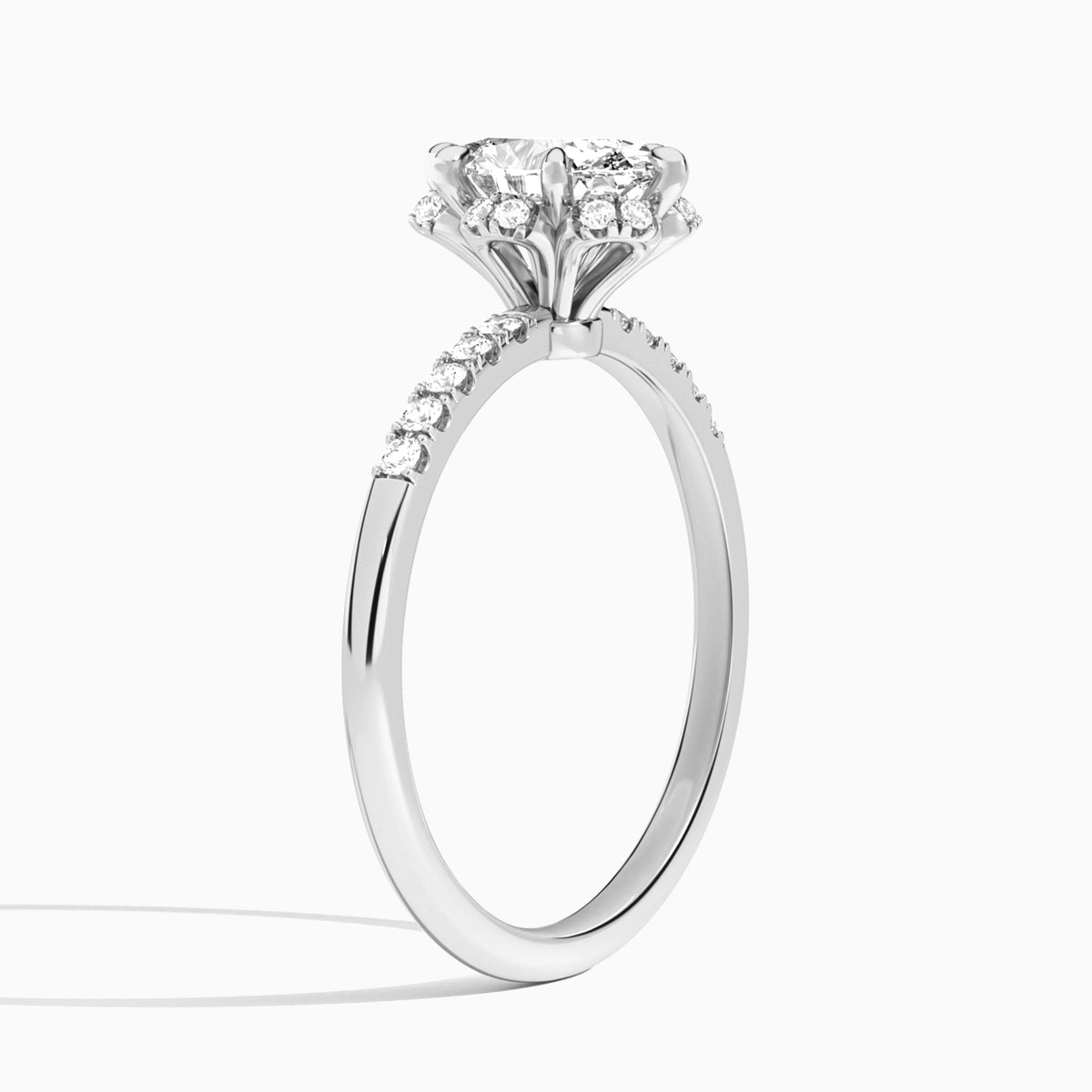Oval Alya Halo Lab Grown Diamond Engagement Ring In Platinum, Angle View