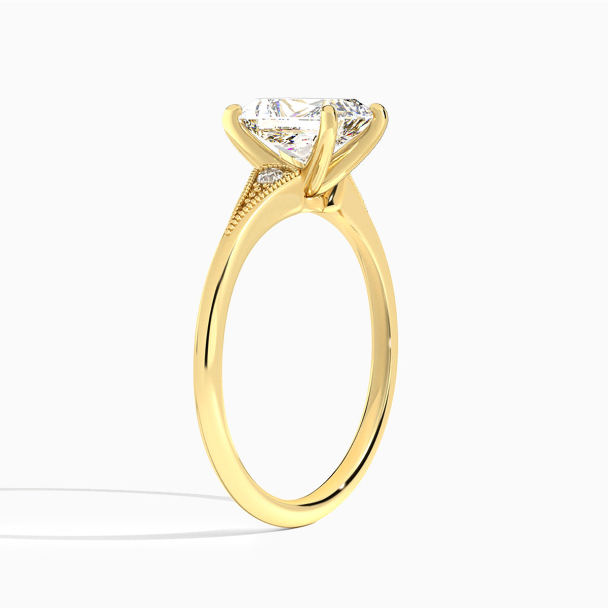 Radiant Petite Hudson Milgrain Lab Diamond Engagement Ring In 18K Yellow Gold, Angle View