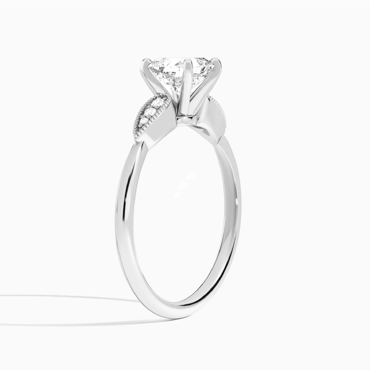 Asscher Perfect Fit Six Side Stone Lab Diamond Engagement Ring In Platinum, Angle View