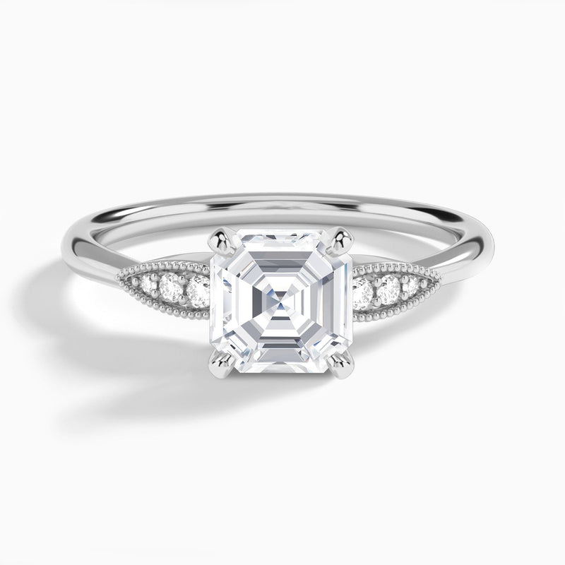 Asscher Perfect Fit Six Side Stone Lab Diamond Engagement Ring In 14K White Gold - Lucenjuri
