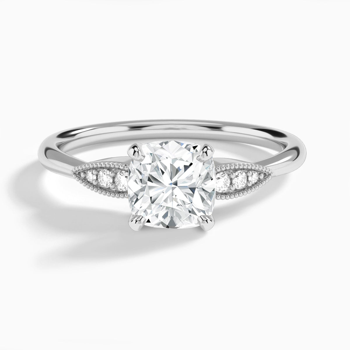 Cushion Perfect Fit Six Side Stone Lab Diamond Engagement Ring In 14K White Gold - Lucenjuri