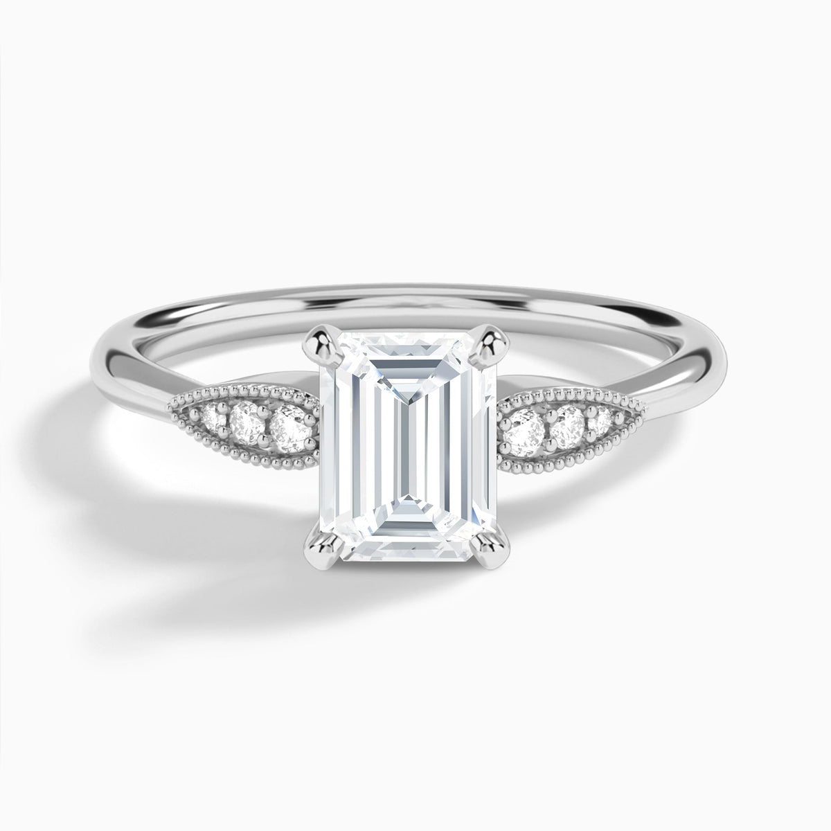 Emerald Perfect Fit Six Side Stone Lab Diamond Engagement Ring In 14K White Gold - Lucenjuri