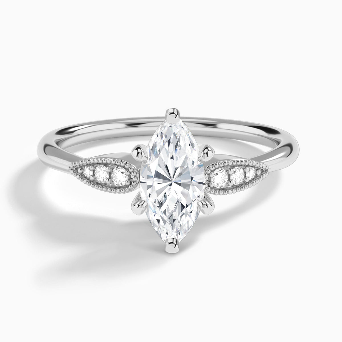 Marquise Perfect Fit Six Side Stone Lab Diamond Engagement Ring In 14K White Gold - Lucenjuri