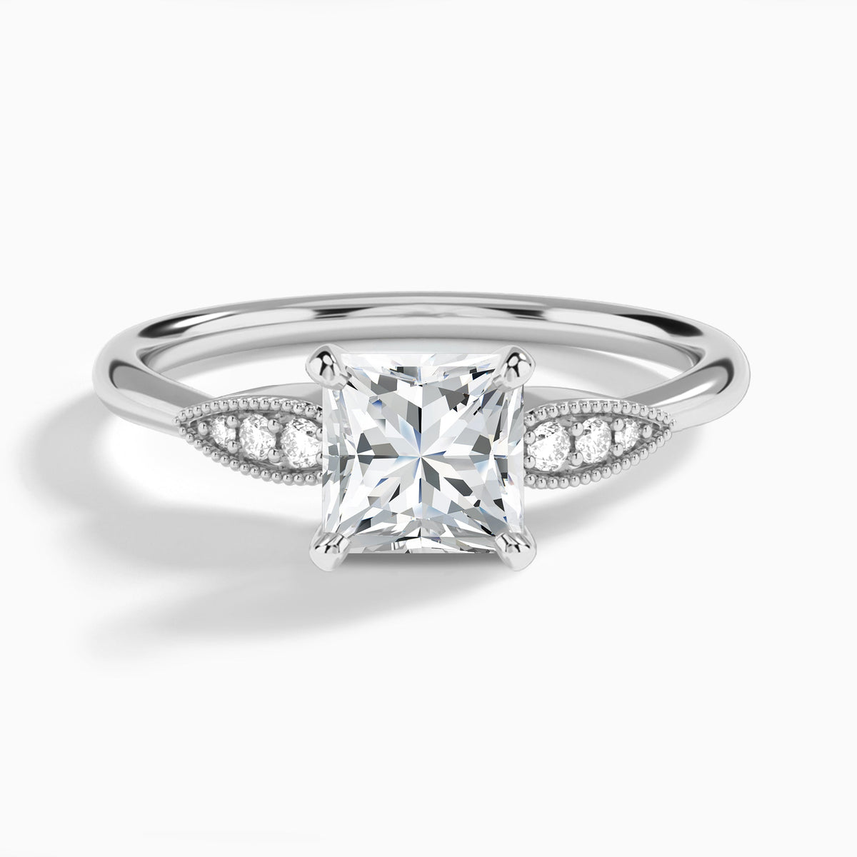 Princess Perfect Fit Six Side Stone Lab Diamond Engagement Ring In 18K White Gold - Lucenjuri