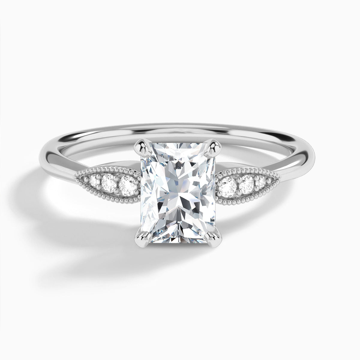 Radiant Perfect Fit Six Side Stone Lab Diamond Engagement Ring In 18K White Gold - Lucenjuri