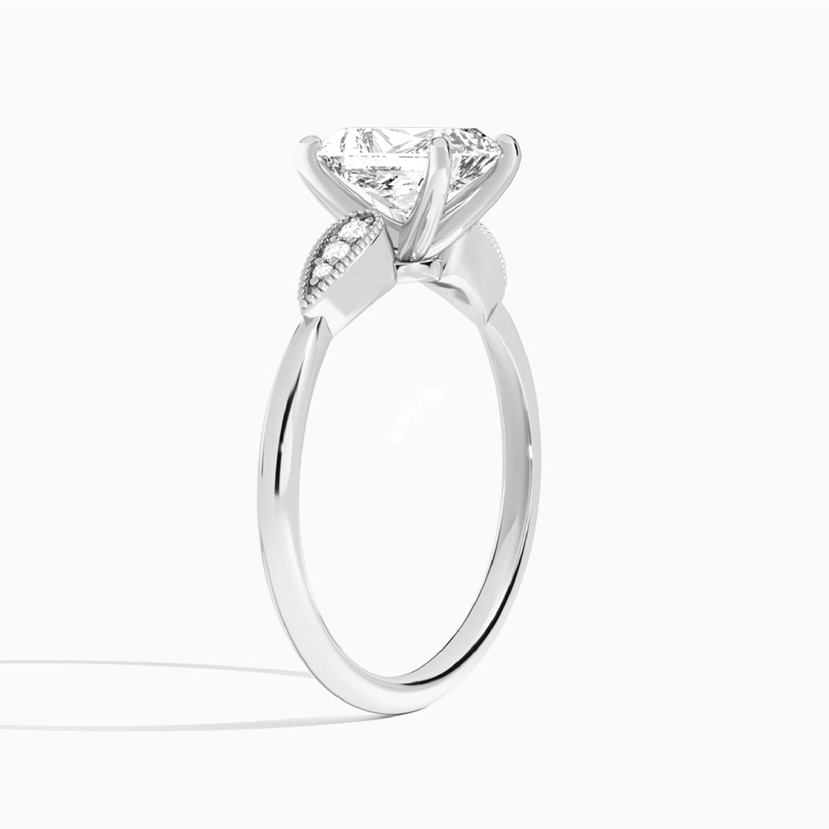 Radiant Perfect Fit Six Side Stone Lab Diamond Engagement Ring In 18K White Gold, Angle View