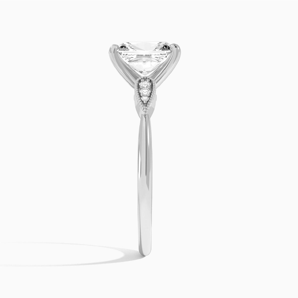 Radiant Perfect Fit Six Side Stone Lab Diamond Engagement Ring In 18K White Gold, Side View